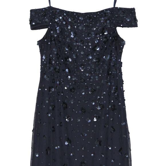 Adrianna Papell Navy Beaded Off Shoulder Formal Maxi Dress Size 14 - Picture 4 of 13